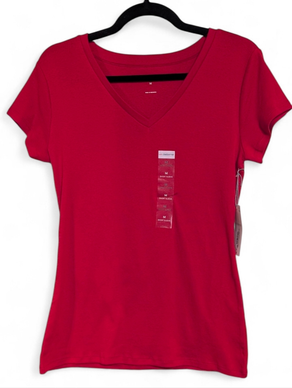✨ NWT Liz Claiborne 100% Cotton V-Neck Short Sleeve Tee Red Cabaret Sizes M Or L
